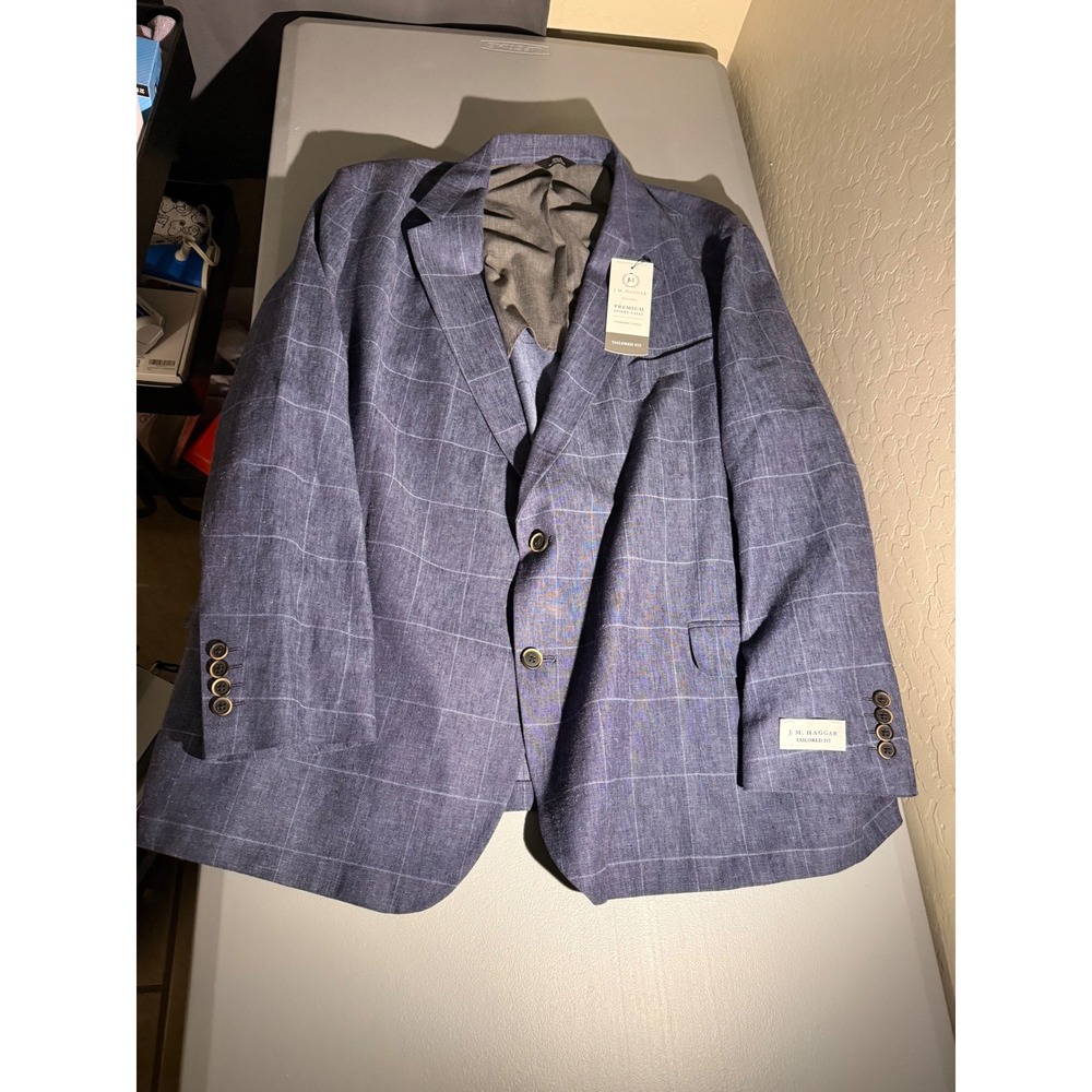J.M. Haggar Mens 58R Premium Sport Coat Blue Windowpane Linen Cotton HJ90360 NWT